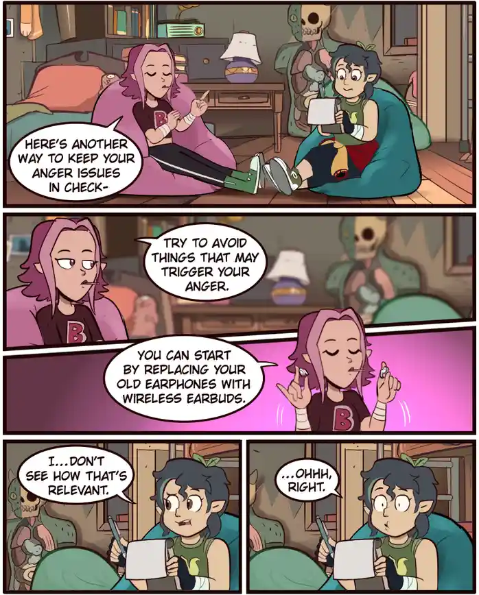 A three-panel comic strip from 'The Owl House' shows two characters in a room. The first character, with pink hair, advises…