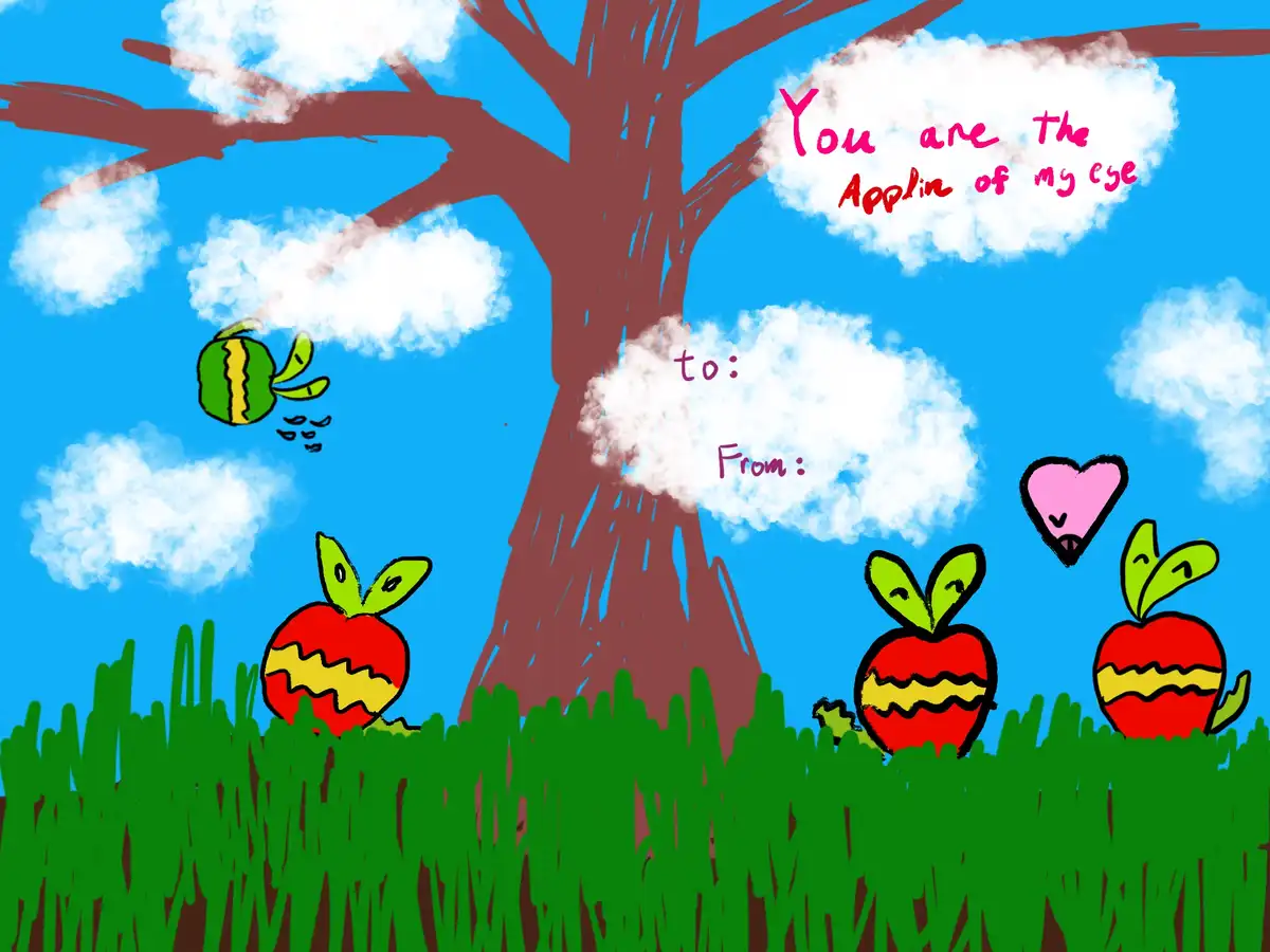 A cartoon drawing shows a blue sky with white clouds, a brown tree, and green grass. Several red apples with green leaves…