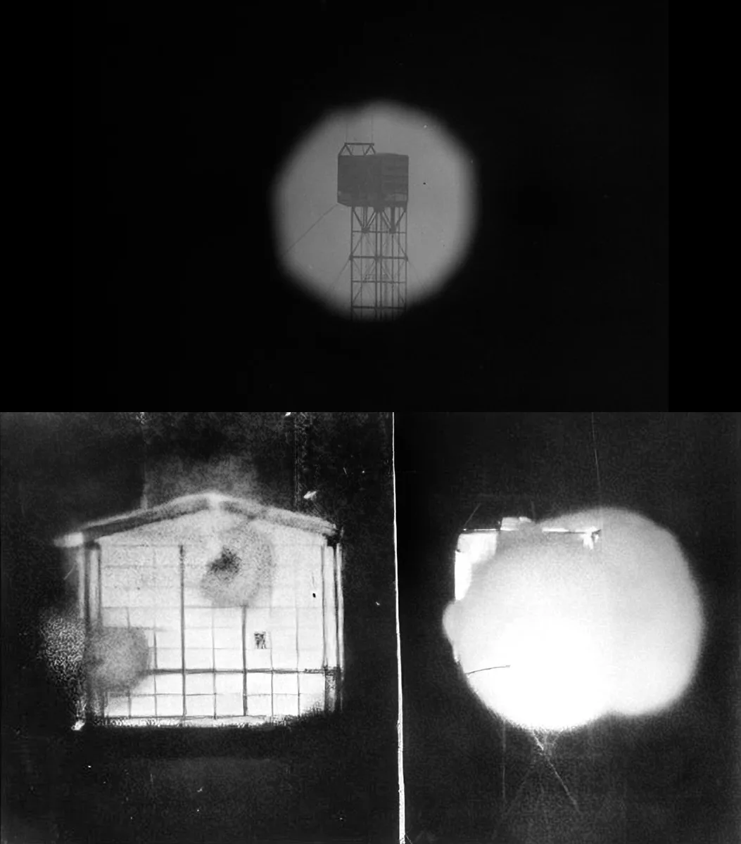 A black-and-white composite image shows three night-vision or thermal camera views: the top panel shows a water tower…