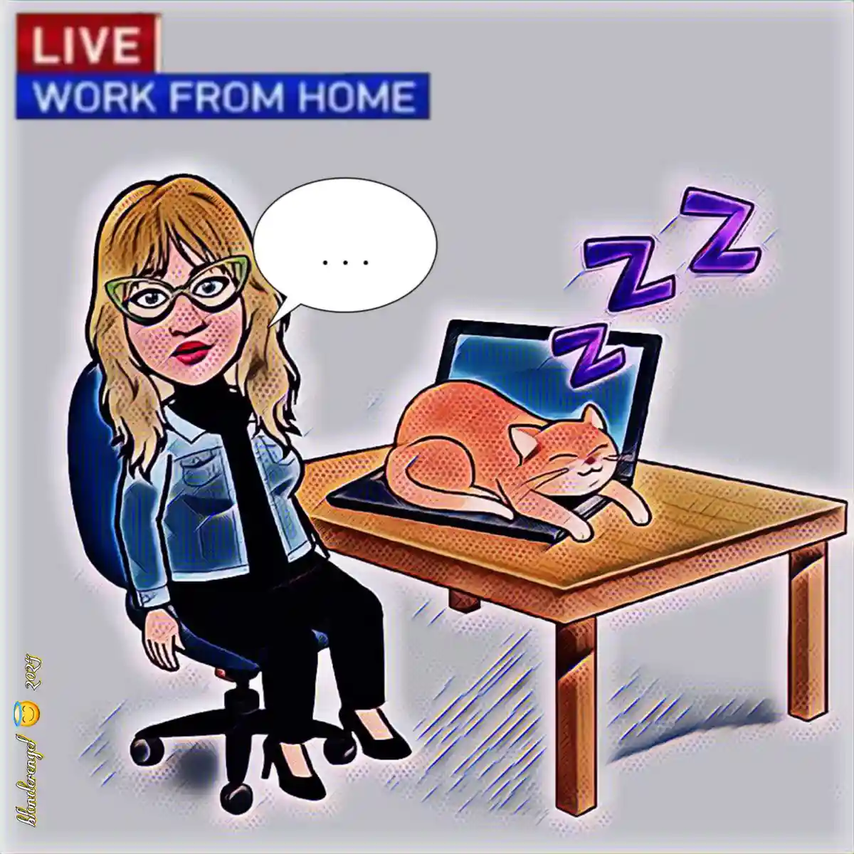 A cartoon woman in glasses sits at a desk looking frustrated as a sleeping orange cat lies on her laptop, with purple 'zzz'…