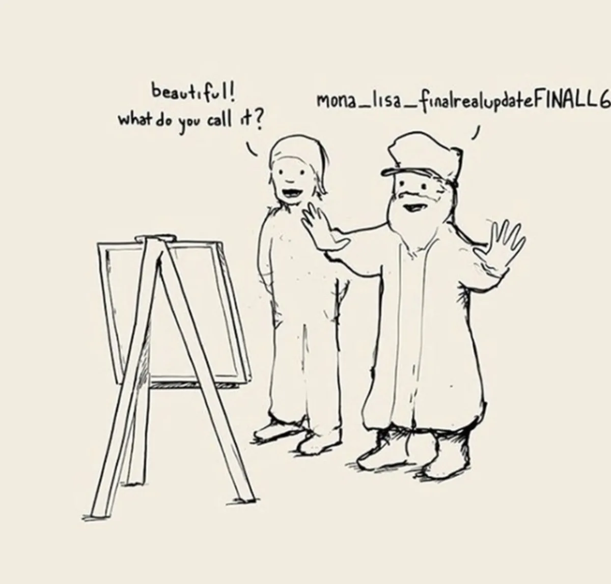 A simple black-and-white sketch shows two figures standing beside an empty easel. The figure on the left, appearing younger…