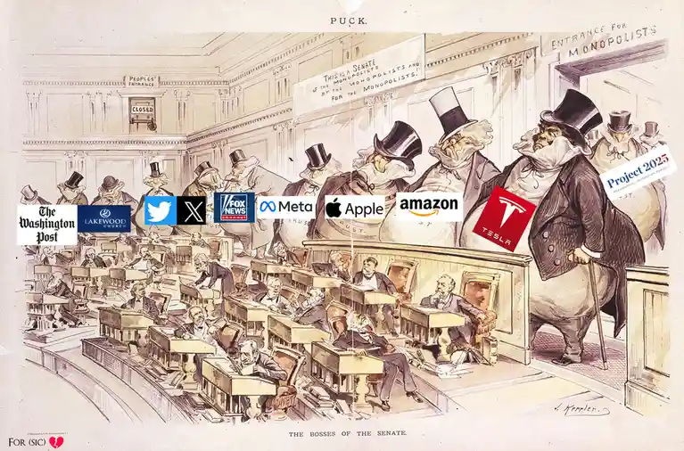 a vintage political cartoon depicting a senate chamber where giant, money-bag-wearing monopolists with corporate logos like…