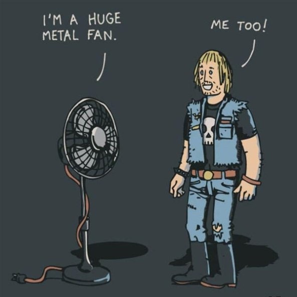 A cartoon drawing shows a standing electric fan with a cord plugged in, and next to it, a man dressed in a metal band style…
