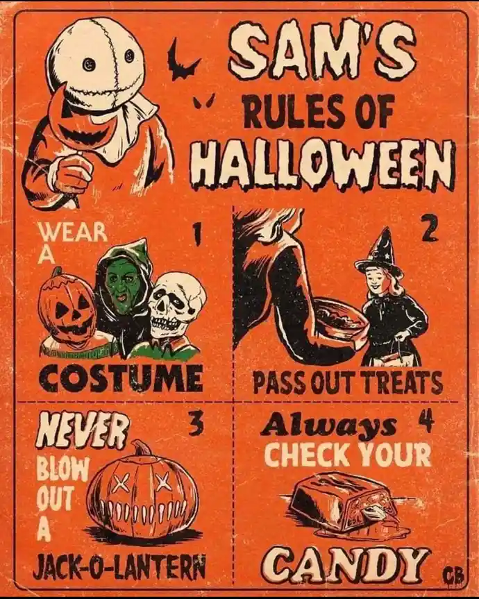 An orange vintage-style poster titled 'SAM'S RULES OF HALLOWEEN' lists four Halloween guidelines with illustrations: wearing…