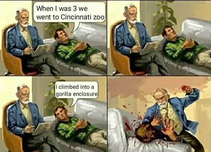 A four-panel comic strip depicts a man recounting a childhood story to a therapist. In the first two panels, he lies on a…