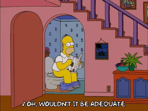 The image shows six panels of Homer Simpson sitting on a toilet in his bathroom, reading a newspaper. In each panel, he is…