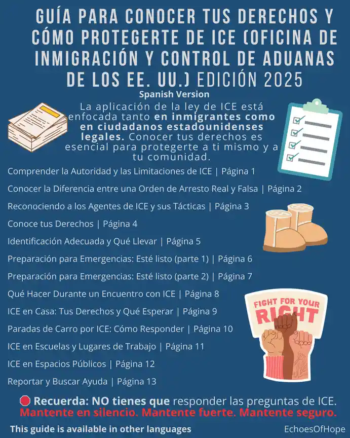 A Spanish-language informational guide titled 'Guide to Know Your Rights and How to Protect Yourself from ICE (U.S…
