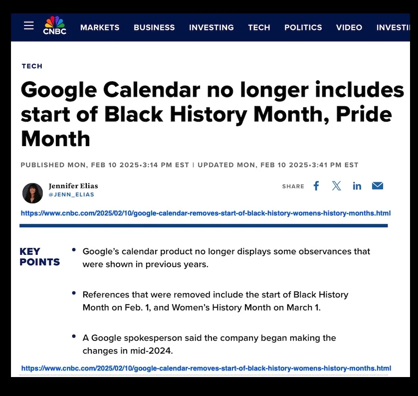 A screenshot of a CNBC Tech news article from February 10, 2025, with the headline 'Google Calendar no longer includes start…