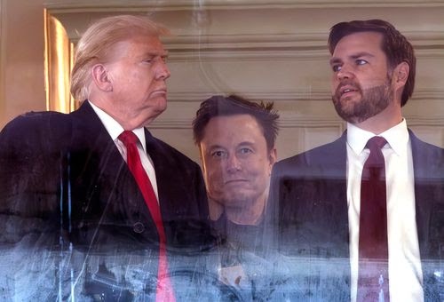 The image shows three men: Donald Trump on the left, Elon Musk in the center, and a third man on the right. All three are…