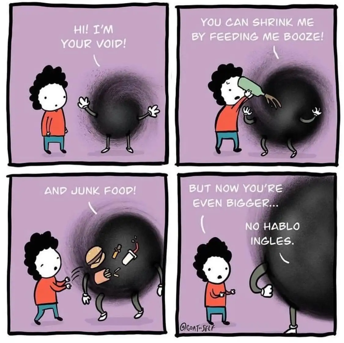 A four-panel comic shows a person interacting with a personified black hole. The black hole introduces itself as 'your…
