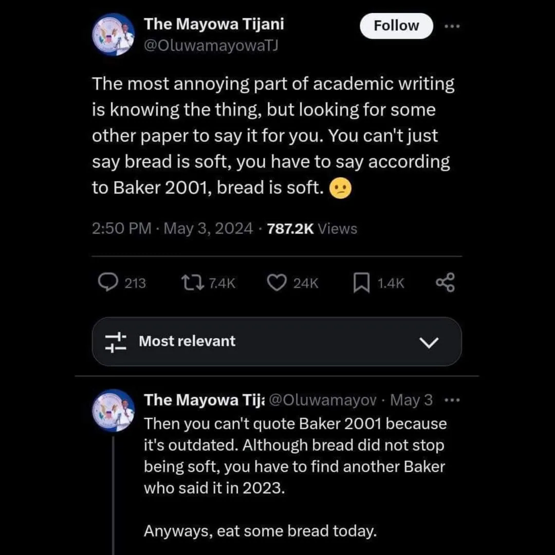 A screenshot of a Twitter thread by The Mayowa Tijani, where the first tweet laments the need to cite sources even for…