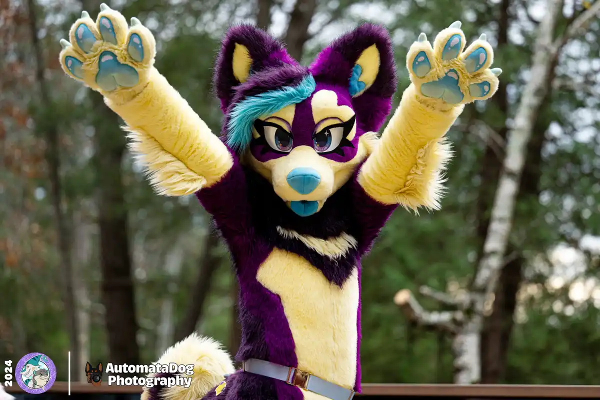 A person in a purple and yellow fursuit with blue-tipped ears and paws, arms raised in a cheerful pose, stands outdoors with…