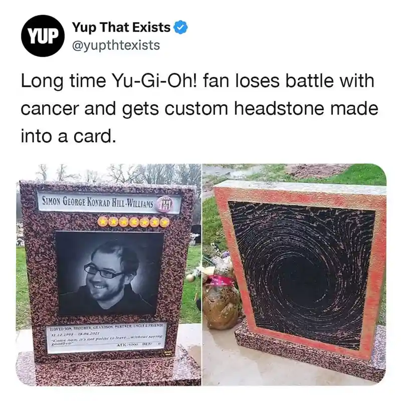 A split image shows a granite headstone designed as a Yu-Gi-Oh! trading card, featuring a photo of Simon George Konrad…