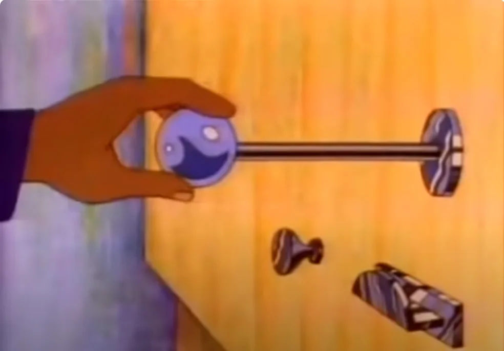 An animated hand holds a blue yin-yang doorknob against a wooden door, with other mismatched doorknobs scattered below. The…