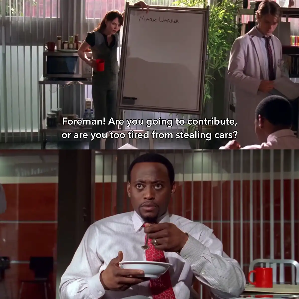 The top panel shows a woman holding a whiteboard with 'MARK WARNER' written on it, while another person in a lab coat stands…