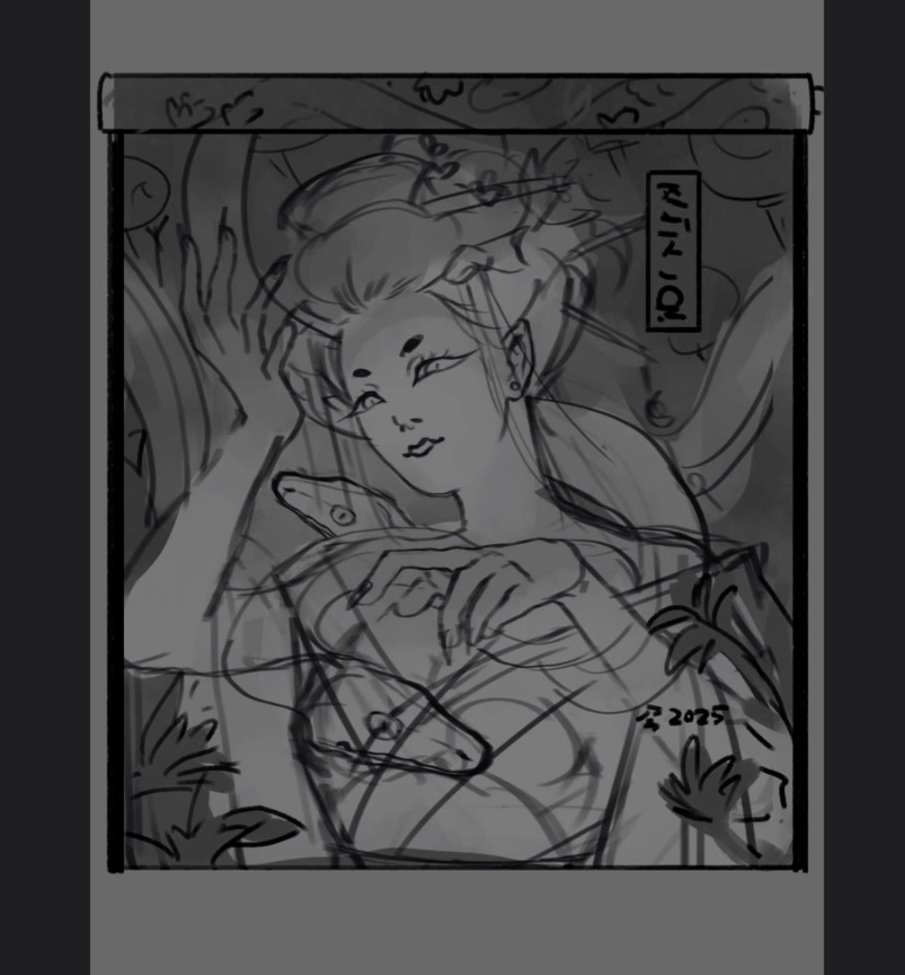A six-panel image shows the artistic progression of a digital illustration of a woman in a red kimono with green snakes and…