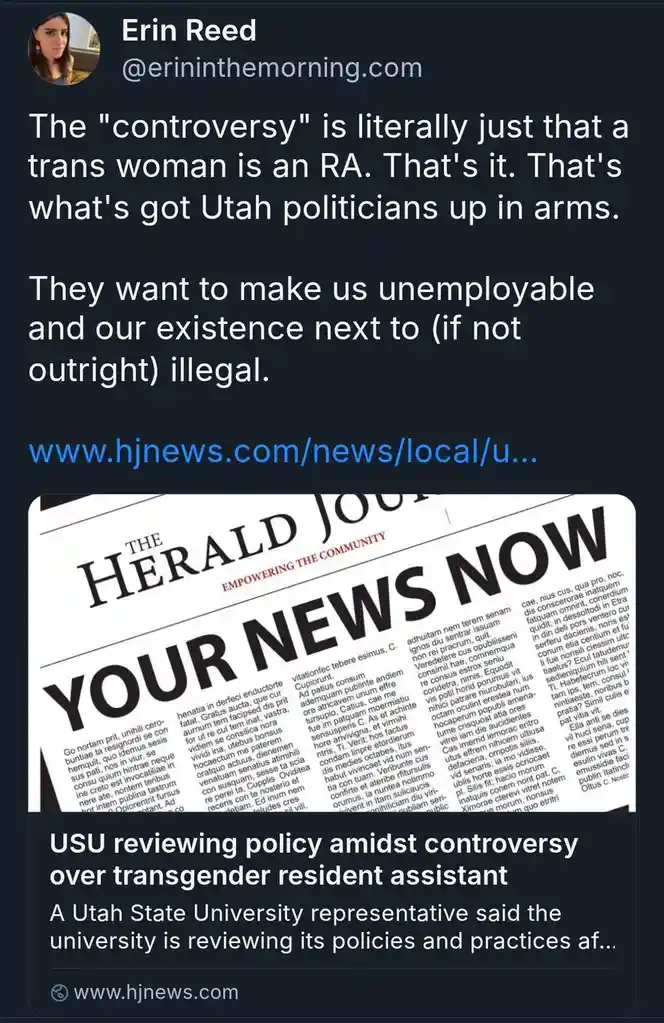 A screenshot of a tweet by Erin Reed showing a news article headline from 'The Herald Journal' that reads 'YOUR NEWS NOW'…