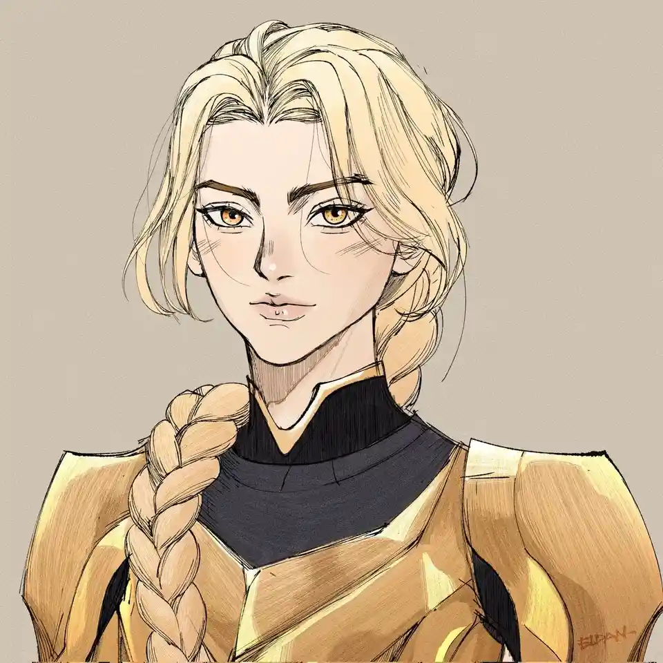 A digital illustration of a person with blonde hair in a thick braid, wearing a gold and black armored outfit, looking…