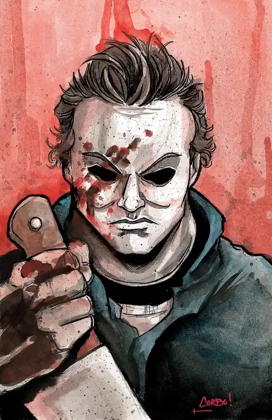 A watercolor-style illustration depicts the horror character Michael Myers, wearing his iconic white mask splattered with…
