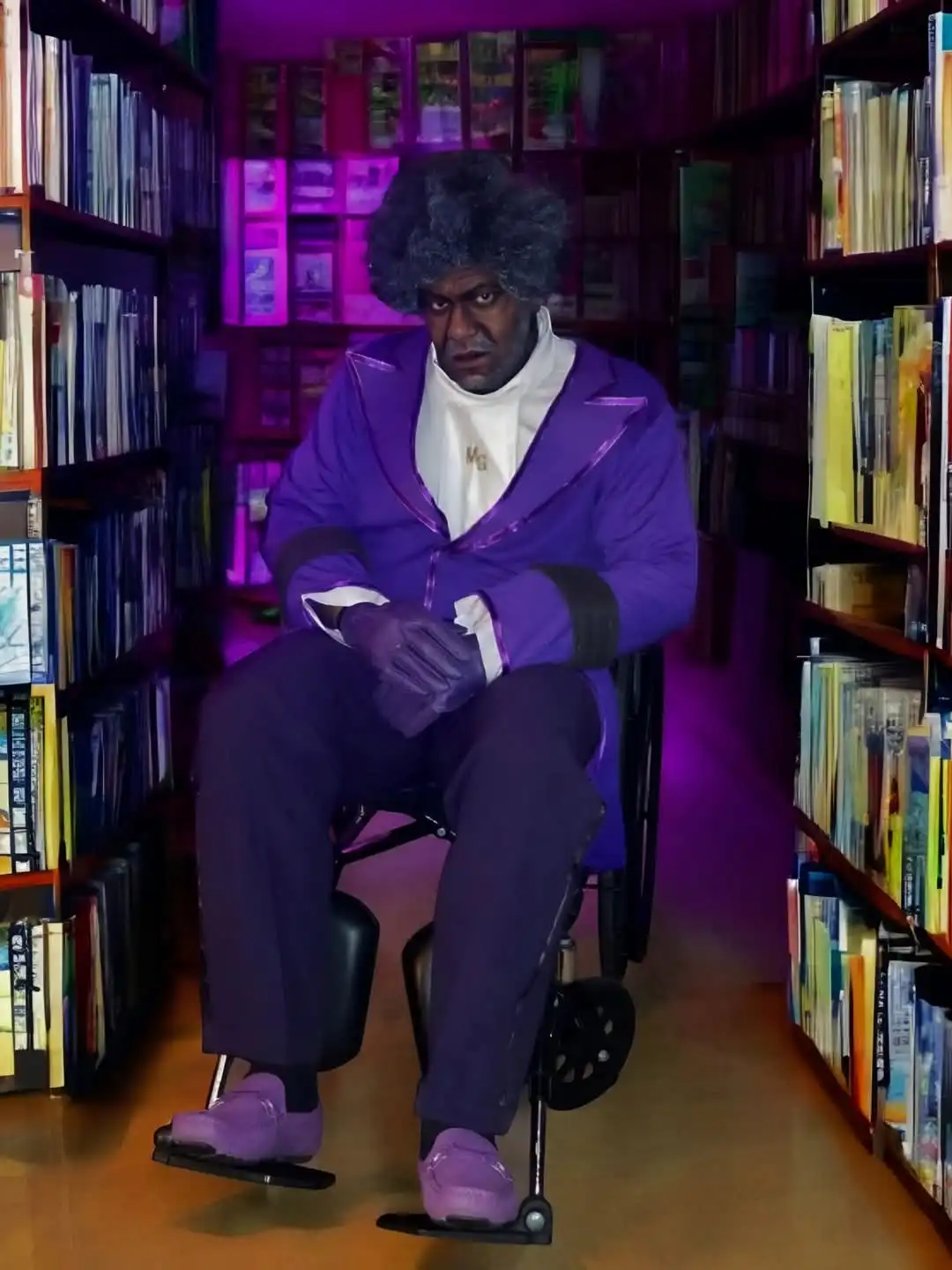 a man in a purple suit and afro wig sits in a wheelchair between tall bookshelves in a library, looking angry. The overlaid…