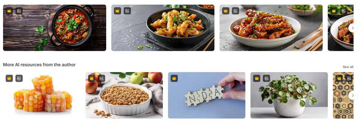 The image displays a grid of AI-generated food and object images, including a stew in a pot, chicken feet in sauce, a…