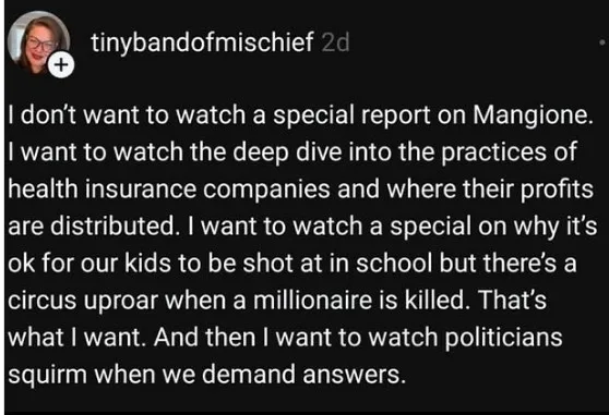 A screenshot of a social media post by 'tinybandofmischief' with a black background and white text. The text expresses…