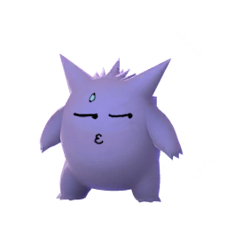 A purple, ghost-like Pokémon with spiky hair, closed eyes, and a small green teardrop on its forehead, standing against a…