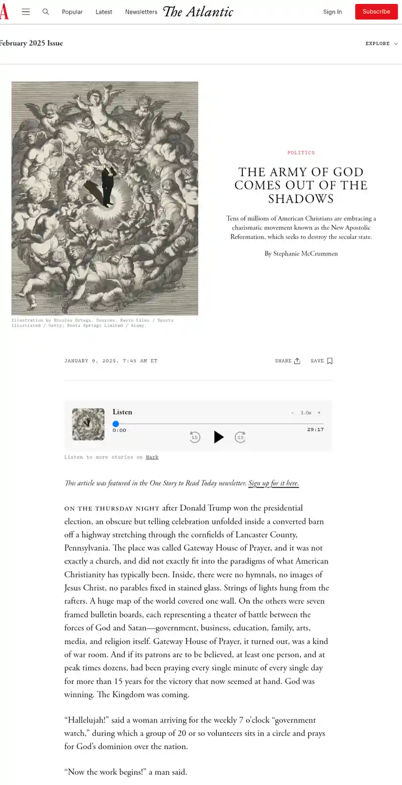 An article from The Atlantic titled 'THE ARMY OF GOD COMES OUT OF THE SHADOWS' features an illustration of a man in a suit…