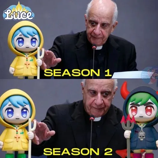 The image is split into two panels. Top panel shows an older man in a black clerical collar suit, gesturing with his right…