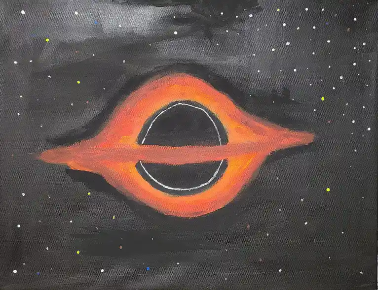 A hand-painted canvas depicts a stylized black hole with a glowing orange accretion disk against a starry black background…
