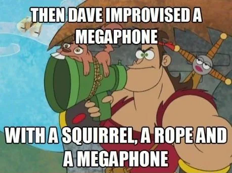 A cartoon image shows a muscular man holding a green megaphone, with a small squirrel clinging to it. The man has a…