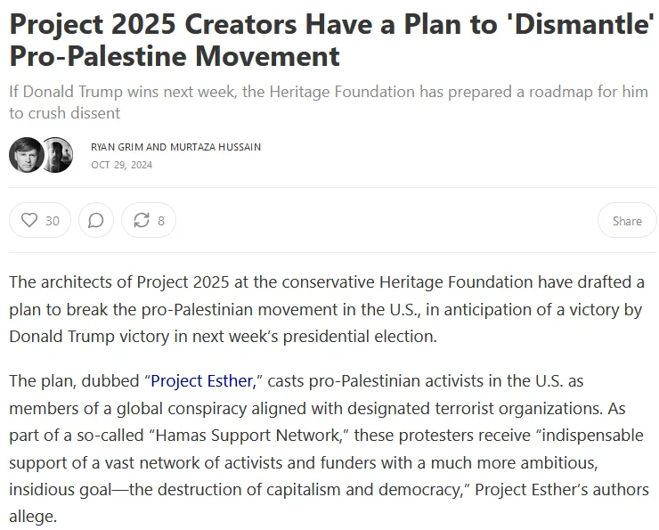 A screenshot of a news article from October 29, 2024, by Ryan Grim and Murtaza Hussain, detailing how Project 2025 creators…