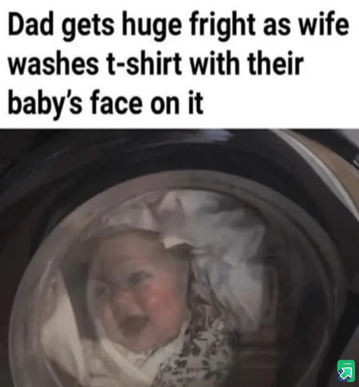 A close-up shot from inside a washing machine drum shows a baby's face printed on a t-shirt, which is visibly inside the…