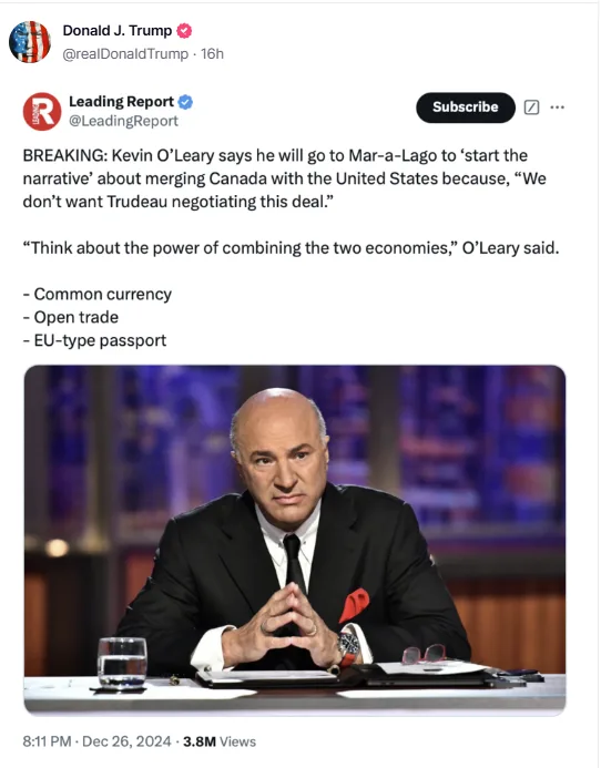 A screenshot of a tweet from Donald J. Trump's account showing a fabricated news report about Kevin O'Leary proposing a…