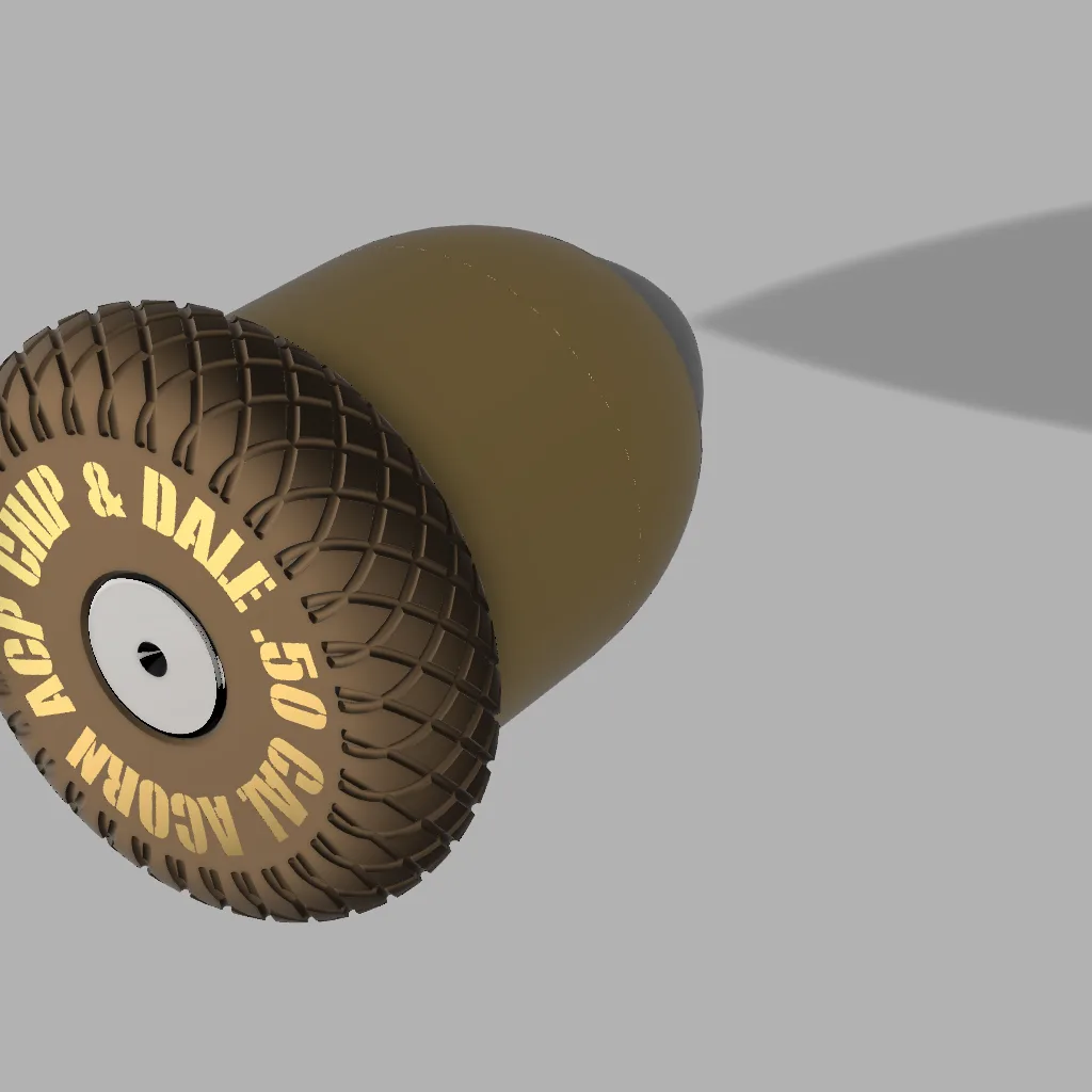 A 3D-rendered acorn with a tire tread pattern and yellow text reading 'ACORN AVCP CHIP & DALE: .50 CAL' on its cap, set…