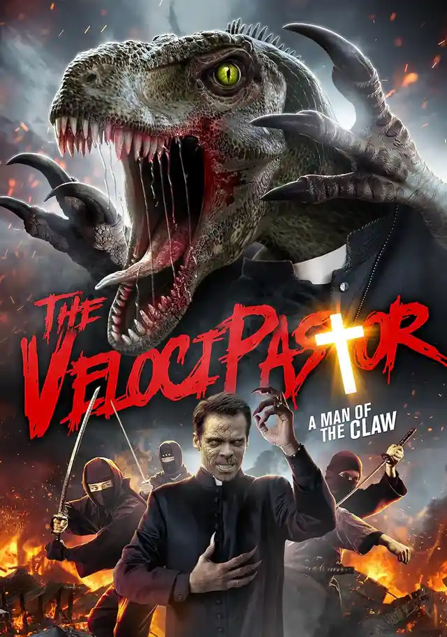 A movie poster parody featuring a man in a black priest's outfit with glowing green eyes, surrounded by ninja-like figures…
