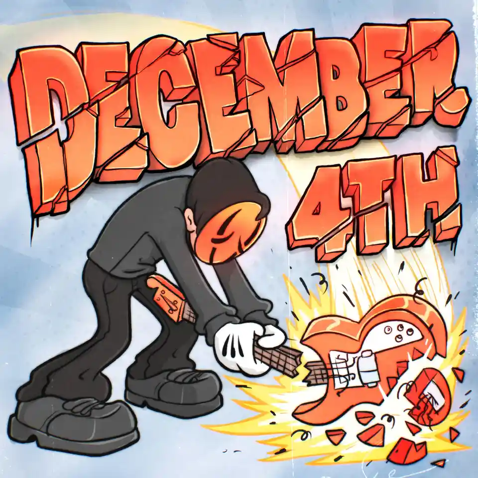 A cartoon character in a black hoodie and pants is smashing an orange electric guitar with a hammer, causing an explosion of…