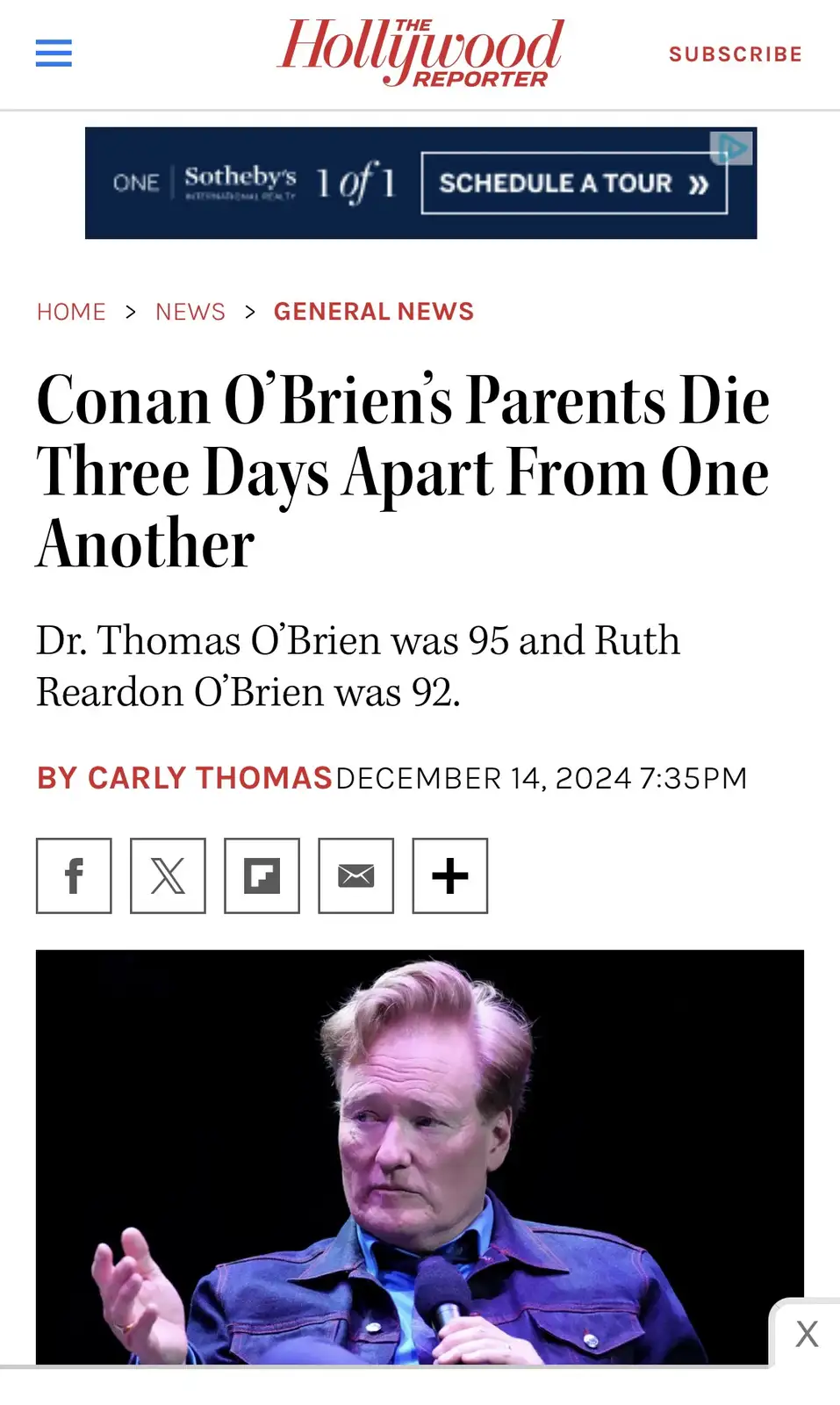 A screenshot of a Hollywood Reporter news article about Conan O'Brien's parents dying three days apart, featuring a photo of…