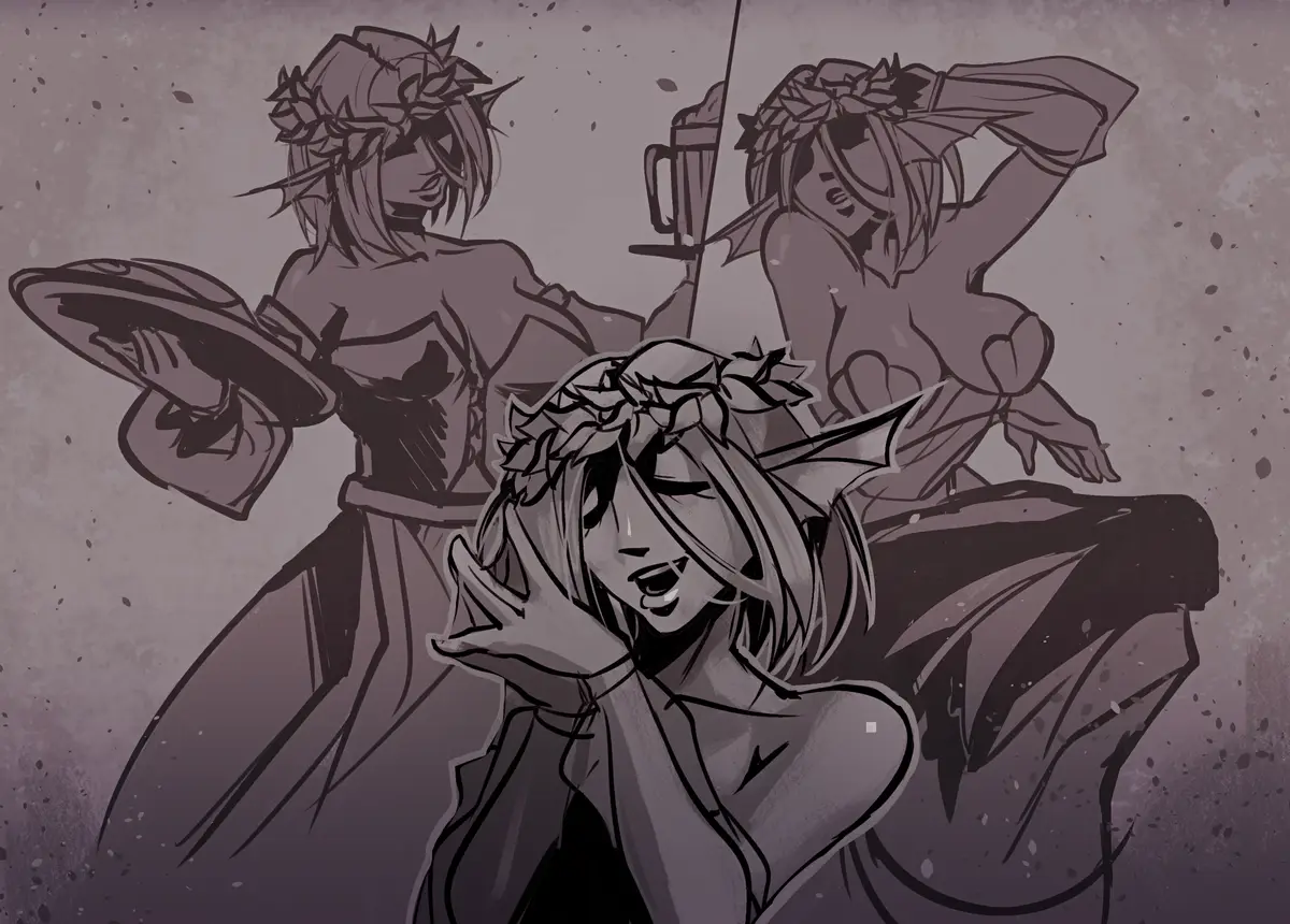 A sepia-toned anime-style illustration shows three identical figures wearing leaf crowns. The foreground figure is crying…