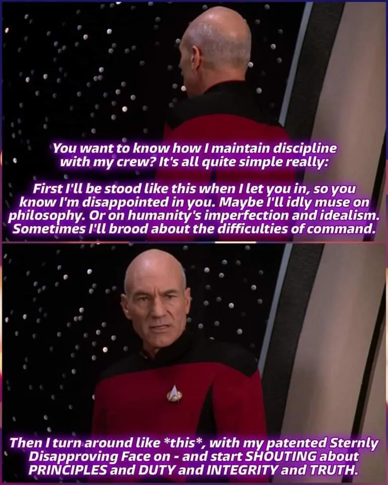 The image is a two-panel meme featuring Captain Picard from Star Trek: The Next Generation. In the top panel, he stands with…