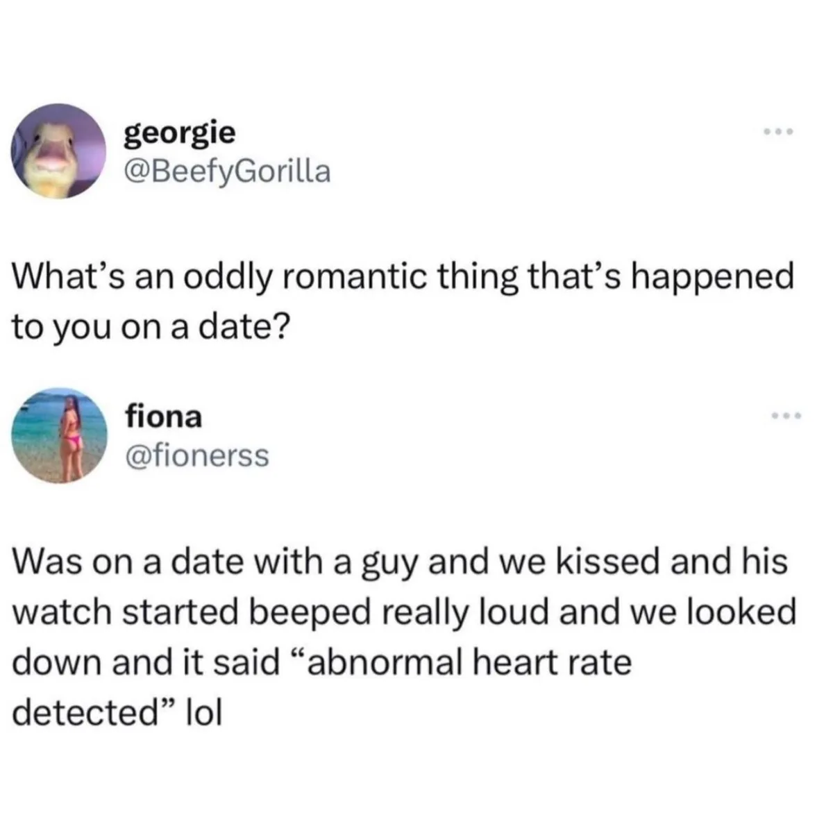 The image shows a screenshot of a Twitter conversation. User 'georgie' asks, 'What's an oddly romantic thing that's happened…
