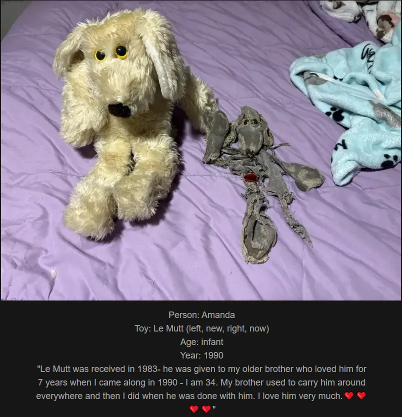 A photo shows a new, fluffy beige stuffed dog toy sitting next to a severely torn and dirty version of the same toy on a…