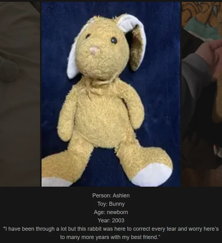 A yellow plush bunny toy with white-tipped ears and feet sits on a dark blue fabric. Overlaid text identifies the person as…