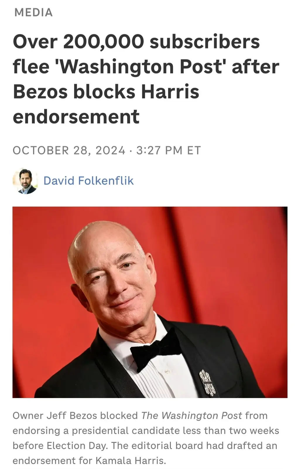 A screenshot of a news article shows a photo of Jeff Bezos in a tuxedo against a red background. The headline reads 'Over…