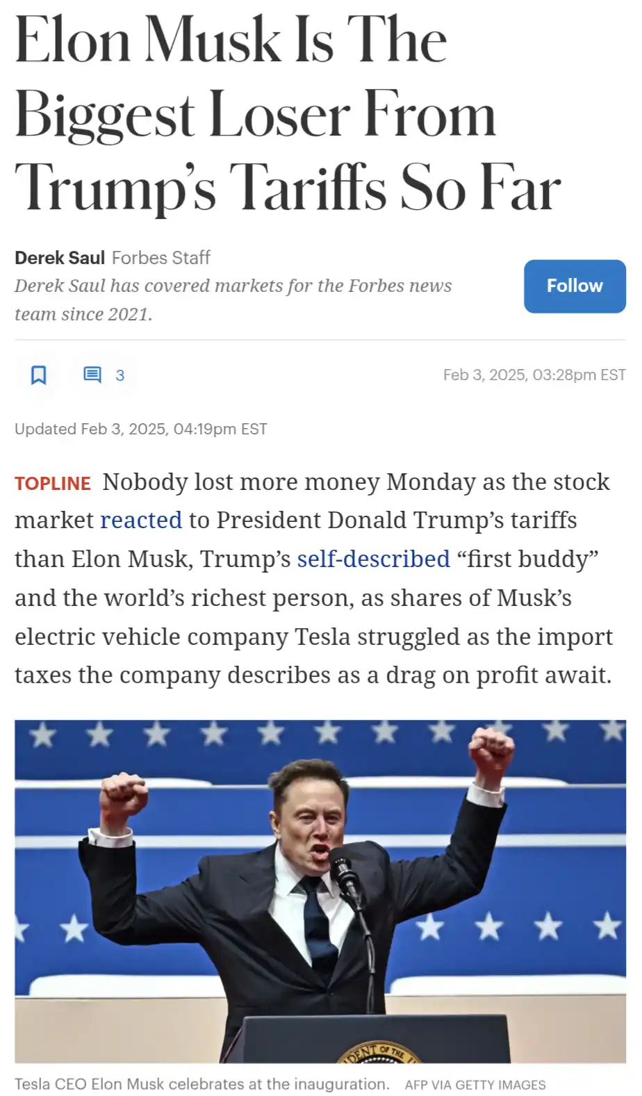 A screenshot of a Forbes article headline stating 'Elon Musk Is The Biggest Loser From Trump's Tariffs So Far,' accompanied…