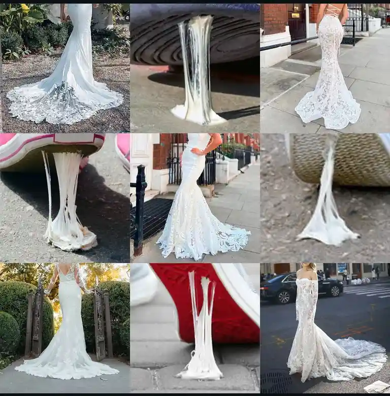 A nine-panel collage shows a white lace mermaid-style wedding dress in various outdoor settings, juxtaposed with close-ups…