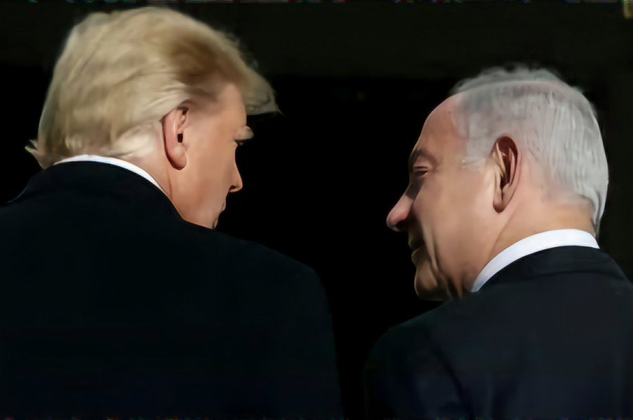 Two men in dark suits face each other in profile against a dark background; one has blonde hair, the other gray hair. The…