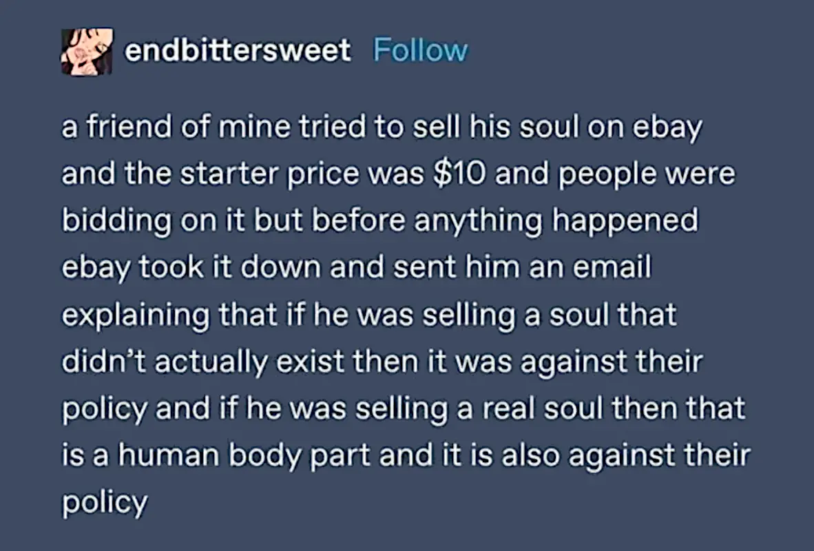 The image shows a screenshot of a social media post with white text on a dark blue background. The text recounts a story…