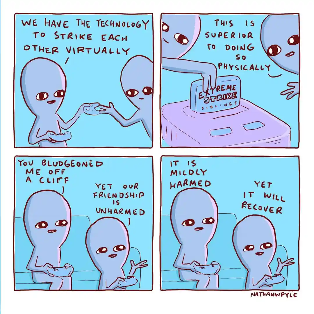 A four-panel comic shows two blue aliens playing a video game called 'Extreme Strike Siblings'. They initially agree to…