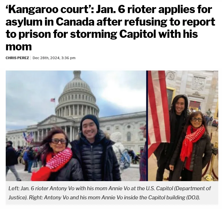 A news article screenshot shows two photos of a man and his mother, identified as Jan. 6 rioter Antony Vo and his mom Annie…